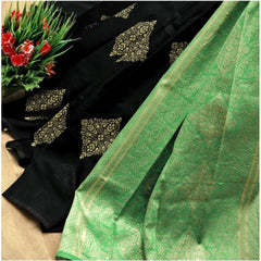 Mayawye Women's Soft Litchi Silk Jacquard Work Saree With Unstitched Blouse 5.5Mtr (Black)