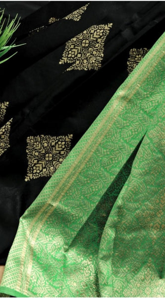 Mayawye Women's Soft Litchi Silk Jacquard Work Saree With Unstitched Blouse 5.5Mtr (Black)