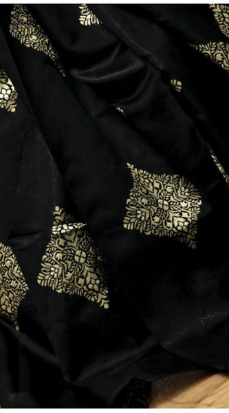 Mayawye Women's Soft Litchi Silk Jacquard Work Saree With Unstitched Blouse 5.5Mtr (Black)