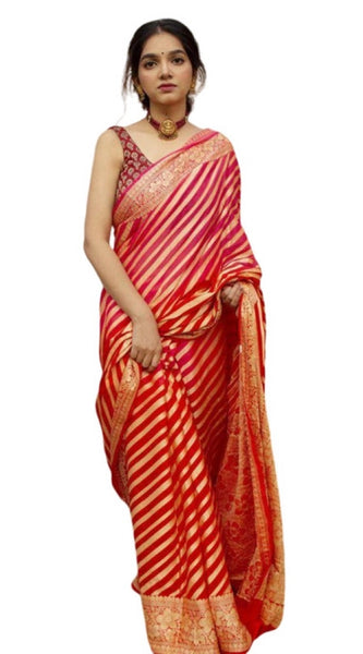 Mayawye Women's Soft Litchi Silk Jacquard Work Saree With Unstitched Blouse 5.5Mtr (Red)