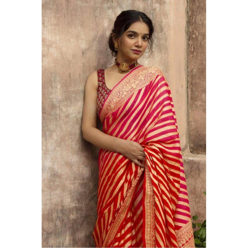 Mayawye Women's Soft Litchi Silk Jacquard Work Saree With Unstitched Blouse 5.5Mtr (Red)