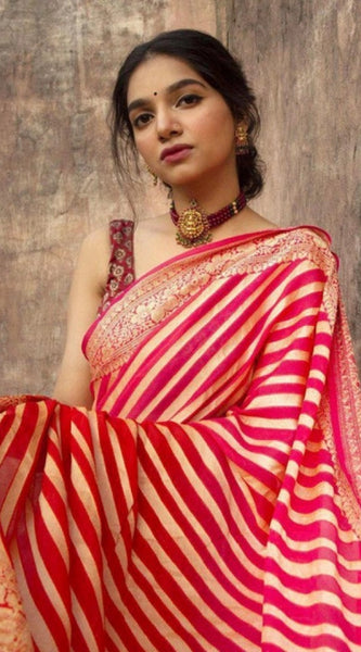 Mayawye Women's Soft Litchi Silk Jacquard Work Saree With Unstitched Blouse 5.5Mtr (Red)