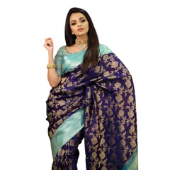 Mayawye Women's Soft Litchi Silk Jacquard Work Saree With Unstitched Blouse 5.5Mtr (Blue)