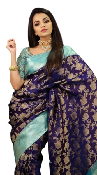 Mayawye Women's Soft Litchi Silk Jacquard Work Saree With Unstitched Blouse 5.5Mtr (Blue)