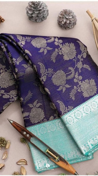 Mayawye Women's Soft Litchi Silk Jacquard Work Saree With Unstitched Blouse 5.5Mtr (Blue)