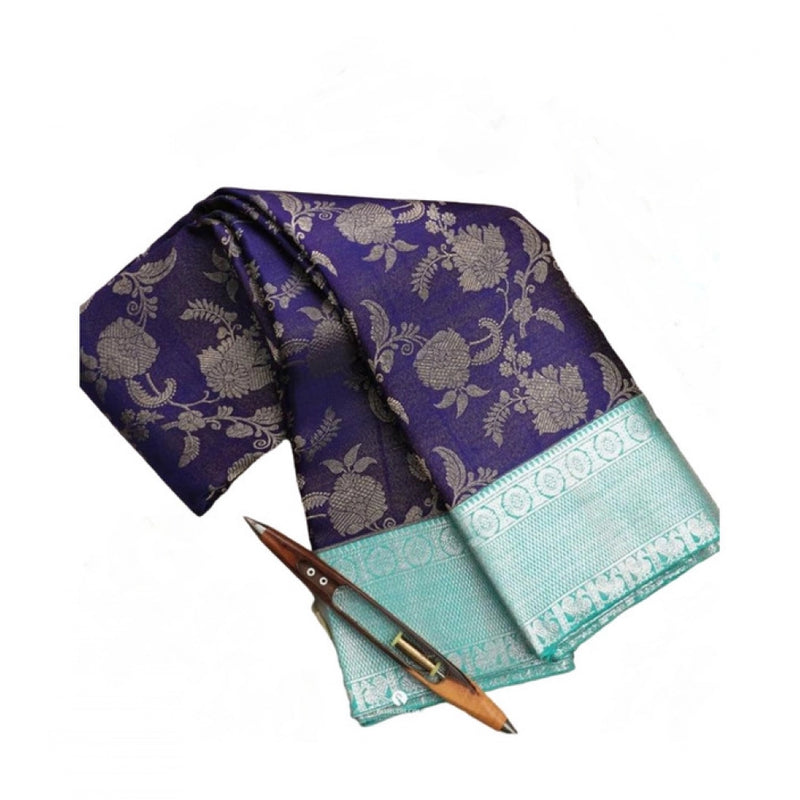 Mayawye Women's Soft Litchi Silk Jacquard Work Saree With Unstitched Blouse 5.5Mtr (Blue)