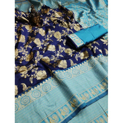Mayawye Women's Soft Litchi Silk Jacquard Work Saree With Unstitched Blouse 5.5Mtr (Blue)