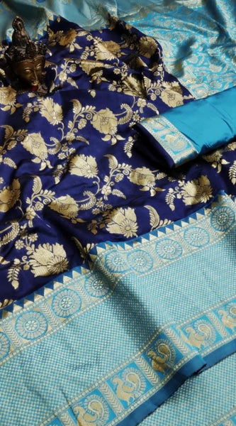 Mayawye Women's Soft Litchi Silk Jacquard Work Saree With Unstitched Blouse 5.5Mtr (Blue)