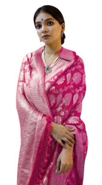 Mayawye Women's Soft Litchi Silk Jacquard Work Saree With Unstitched Blouse 5.5Mtr (Pink)