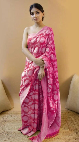 Mayawye Women's Soft Litchi Silk Jacquard Work Saree With Unstitched Blouse 5.5Mtr (Pink)
