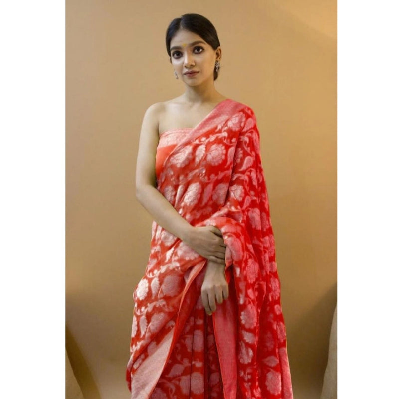 Mayawye Women's Soft Litchi Silk Jacquard Work Saree With Unstitched Blouse 5.5Mtr (Red)