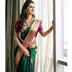 Mayawye Women's Soft Litchi Silk Jacquard Work Saree With Unstitched Blouse 5.5Mtr (Green)