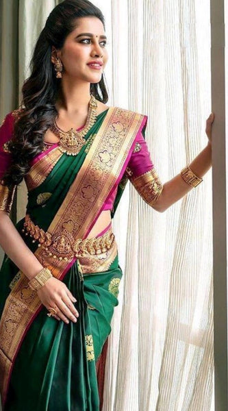 Mayawye Women's Soft Litchi Silk Jacquard Work Saree With Unstitched Blouse 5.5Mtr (Green)