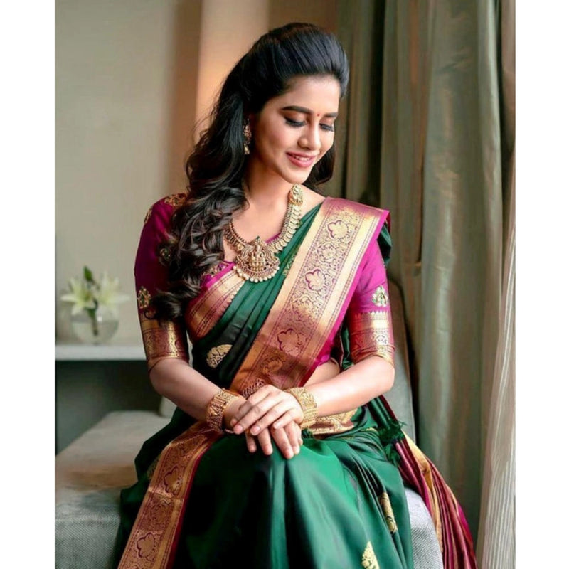 Mayawye Women's Soft Litchi Silk Jacquard Work Saree With Unstitched Blouse 5.5Mtr (Green)