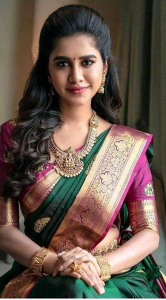 Mayawye Women's Soft Litchi Silk Jacquard Work Saree With Unstitched Blouse 5.5Mtr (Green)