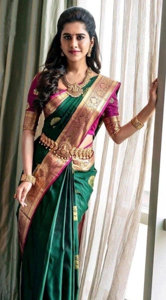 Mayawye Women's Soft Litchi Silk Jacquard Work Saree With Unstitched Blouse 5.5Mtr (Green)