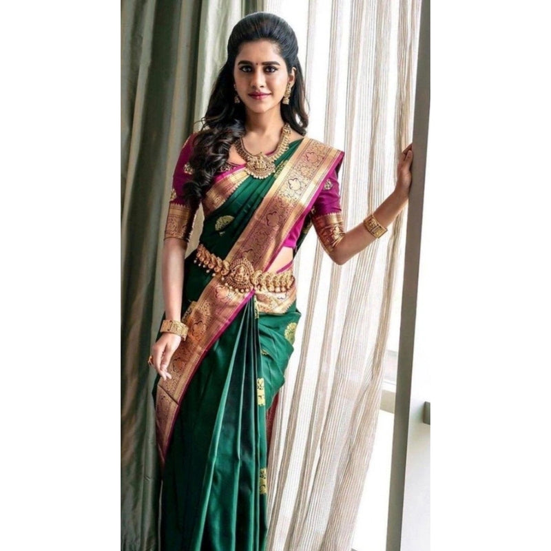 Mayawye Women's Soft Litchi Silk Jacquard Work Saree With Unstitched Blouse 5.5Mtr (Green)