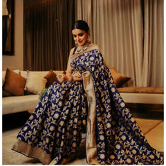 Mayawye Women's Soft Litchi Silk Jacquard Work Saree With Unstitched Blouse 5.5Mtr (Blue)