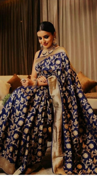 Mayawye Women's Soft Litchi Silk Jacquard Work Saree With Unstitched Blouse 5.5Mtr (Blue)