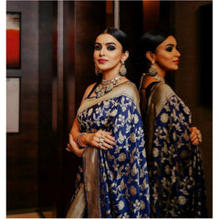 Mayawye Women's Soft Litchi Silk Jacquard Work Saree With Unstitched Blouse 5.5Mtr (Blue)