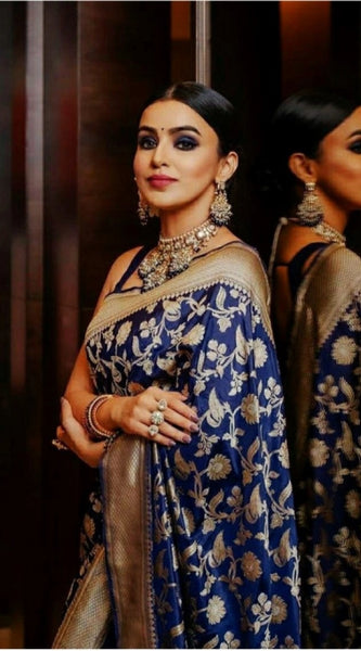 Mayawye Women's Soft Litchi Silk Jacquard Work Saree With Unstitched Blouse 5.5Mtr (Blue)