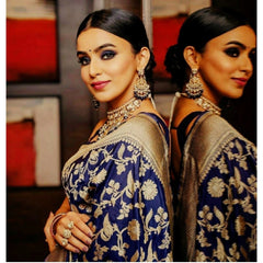 Mayawye Women's Soft Litchi Silk Jacquard Work Saree With Unstitched Blouse 5.5Mtr (Blue)