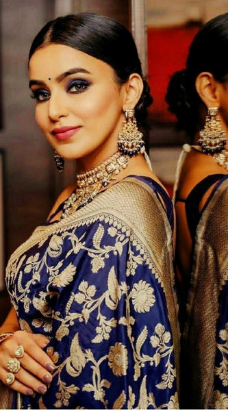 Mayawye Women's Soft Litchi Silk Jacquard Work Saree With Unstitched Blouse 5.5Mtr (Blue)