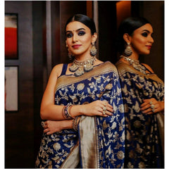 Mayawye Women's Soft Litchi Silk Jacquard Work Saree With Unstitched Blouse 5.5Mtr (Blue)
