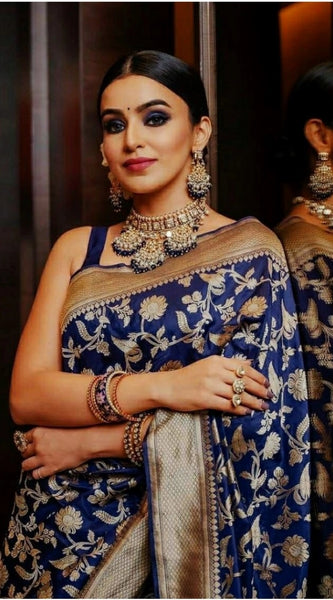 Mayawye Women's Soft Litchi Silk Jacquard Work Saree With Unstitched Blouse 5.5Mtr (Blue)