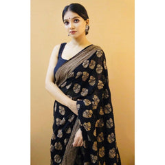 Mayawye Women's Soft Litchi Silk Jacquard Work Saree With Unstitched Blouse 5.5Mtr (Black)