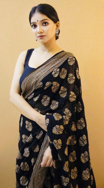 Mayawye Women's Soft Litchi Silk Jacquard Work Saree With Unstitched Blouse 5.5Mtr (Black)