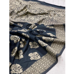 Mayawye Women's Soft Litchi Silk Jacquard Work Saree With Unstitched Blouse 5.5Mtr (Black)