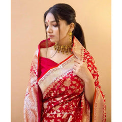 Mayawye Women's Soft Litchi Silk Jacquard Work Saree With Unstitched Blouse 5.5Mtr (Red)