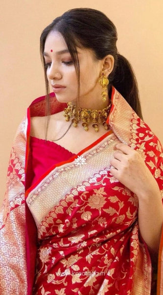 Mayawye Women's Soft Litchi Silk Jacquard Work Saree With Unstitched Blouse 5.5Mtr (Red)