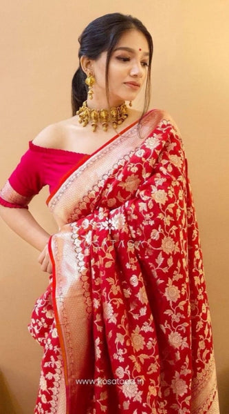 Mayawye Women's Soft Litchi Silk Jacquard Work Saree With Unstitched Blouse 5.5Mtr (Red)