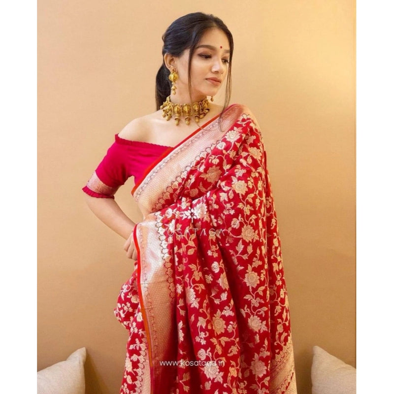 Mayawye Women's Soft Litchi Silk Jacquard Work Saree With Unstitched Blouse 5.5Mtr (Red)