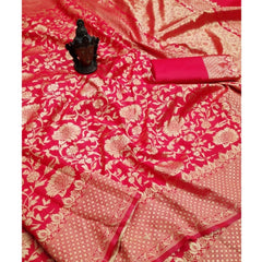 Mayawye Women's Soft Litchi Silk Jacquard Work Saree With Unstitched Blouse 5.5Mtr (Red)