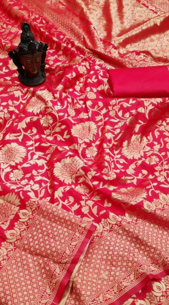 Mayawye Women's Soft Litchi Silk Jacquard Work Saree With Unstitched Blouse 5.5Mtr (Red)
