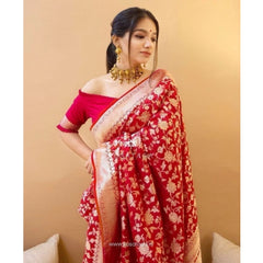 Mayawye Women's Soft Litchi Silk Jacquard Work Saree With Unstitched Blouse 5.5Mtr (Red)