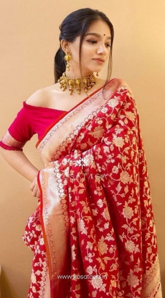 Mayawye Women's Soft Litchi Silk Jacquard Work Saree With Unstitched Blouse 5.5Mtr (Red)