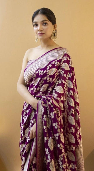Mayawye Women's Soft Litchi Silk Jacquard Work Saree With Unstitched Blouse 5.5Mtr (Purple)