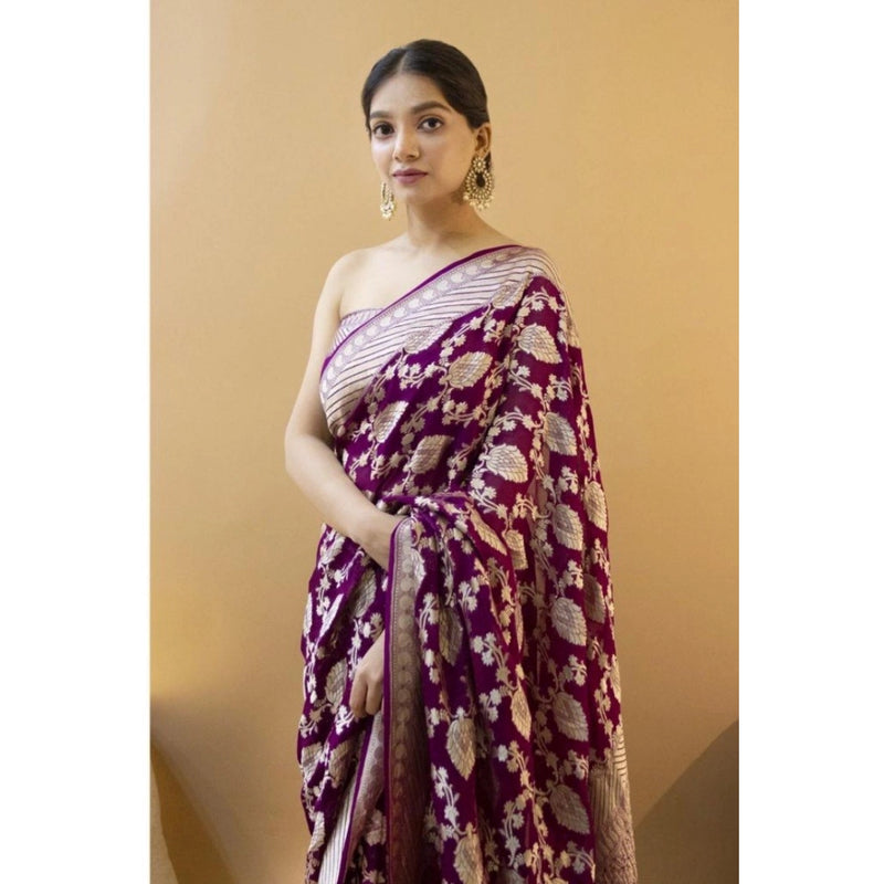 Mayawye Women's Soft Litchi Silk Jacquard Work Saree With Unstitched Blouse 5.5Mtr (Purple)