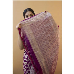 Mayawye Women's Soft Litchi Silk Jacquard Work Saree With Unstitched Blouse 5.5Mtr (Purple)