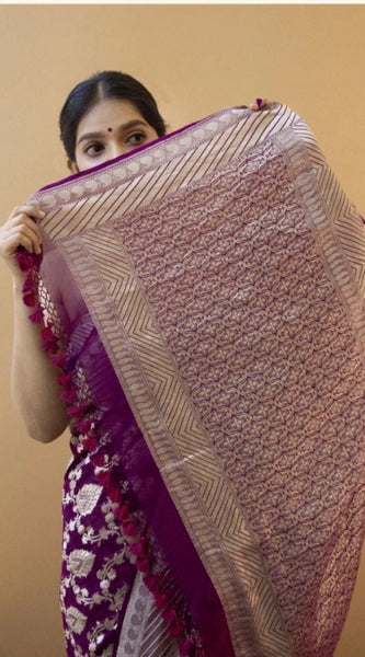 Mayawye Women's Soft Litchi Silk Jacquard Work Saree With Unstitched Blouse 5.5Mtr (Purple)