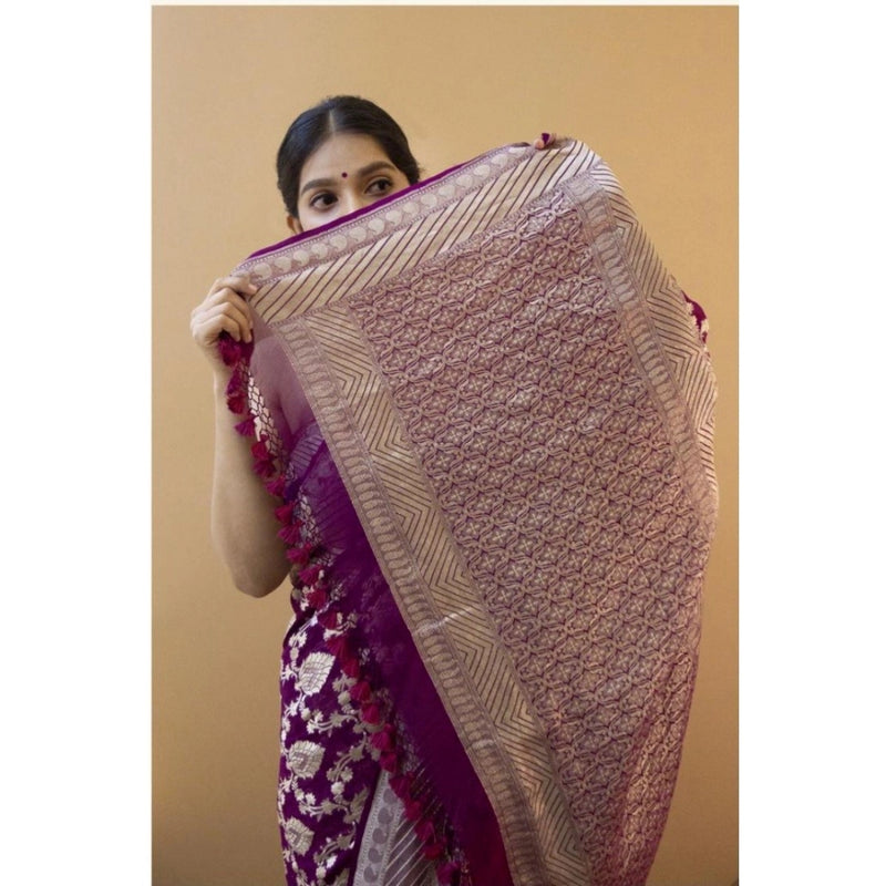 Mayawye Women's Soft Litchi Silk Jacquard Work Saree With Unstitched Blouse 5.5Mtr (Purple)
