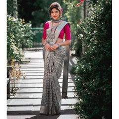 Mayawye Women's Soft Litchi Silk Jacquard Work Saree With Unstitched Blouse 5.5Mtr (Gray)