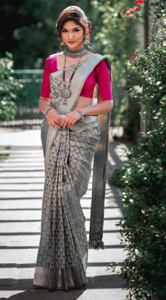 Mayawye Women's Soft Litchi Silk Jacquard Work Saree With Unstitched Blouse 5.5Mtr (Gray)