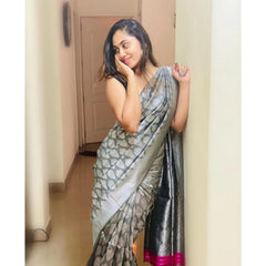 Mayawye Women's Soft Litchi Silk Jacquard Work Saree With Unstitched Blouse 5.5Mtr (Gray)