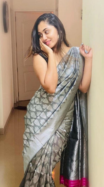 Mayawye Women's Soft Litchi Silk Jacquard Work Saree With Unstitched Blouse 5.5Mtr (Gray)
