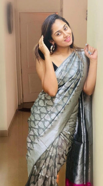 Mayawye Women's Soft Litchi Silk Jacquard Work Saree With Unstitched Blouse 5.5Mtr (Gray)